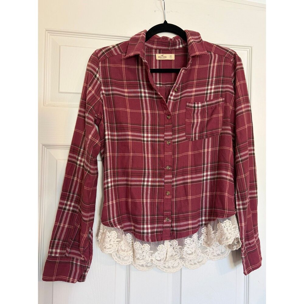 Hollister Women’s XS Burgundy Plaid Flannel Shirt Lace Hem Long Sleeve